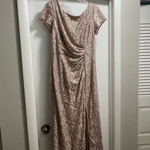 Pink Maxi Gown with Ruched Waist Short Sleeves and Cowl Neck